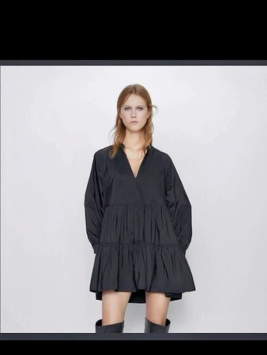 Zara Dresses & Skirts - Zara Poplin Tiered Asymmetric Hem Dress Black XS